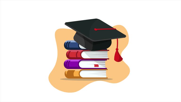 In the animation video, a stack of blue, purple, yellow, red colored school books or encyclopedias falls. There is a graduation cap with red tassels on top of the books. It includes concepts such as graduation, tuition, scholarship, university, student. The background is irregularly shaped light orange color. The animation video is formed of 4K resolution.